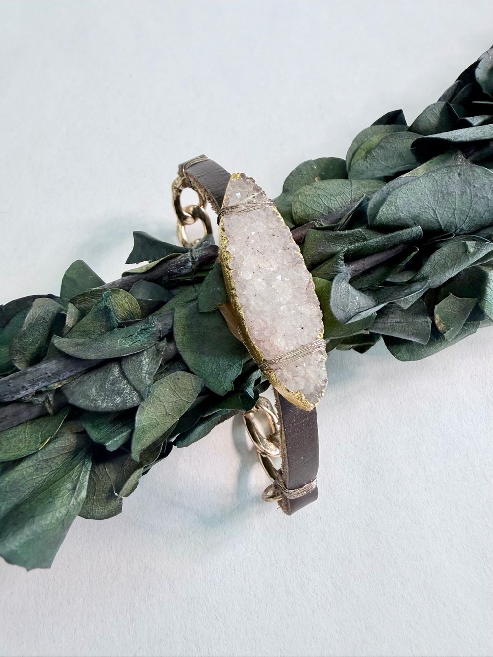 Handcrafted White Druzy Stone Leather Bracelet